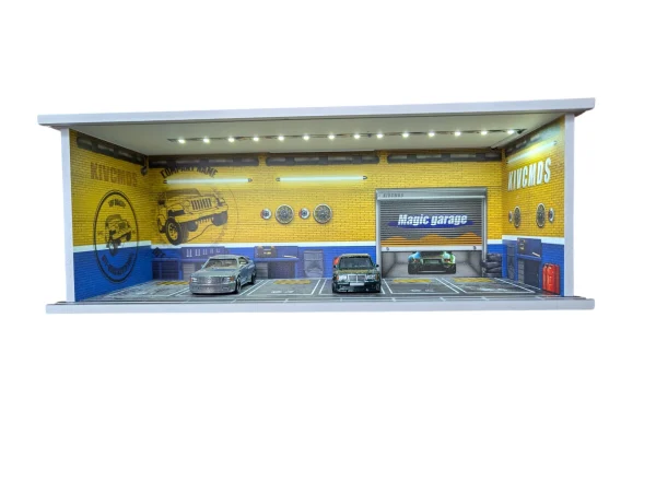 Garaż Scena LED 1:64 z Akrylową Szybą – Półka Ekspozycyjna Hot Wheels (żółto-niebieski)