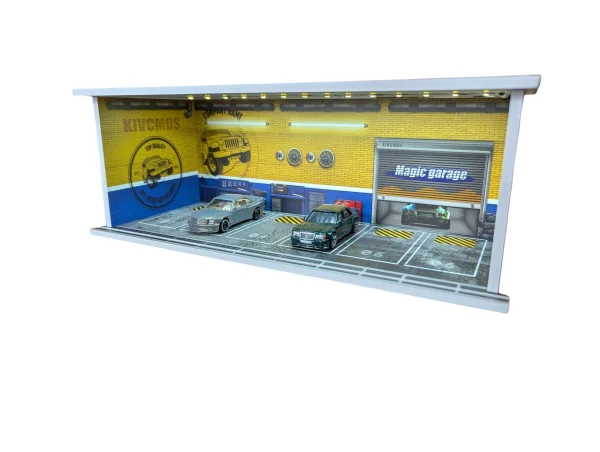 Garaż Scena LED 1:64 z Akrylową Szybą – Półka Ekspozycyjna Hot Wheels (żółto-niebieski)