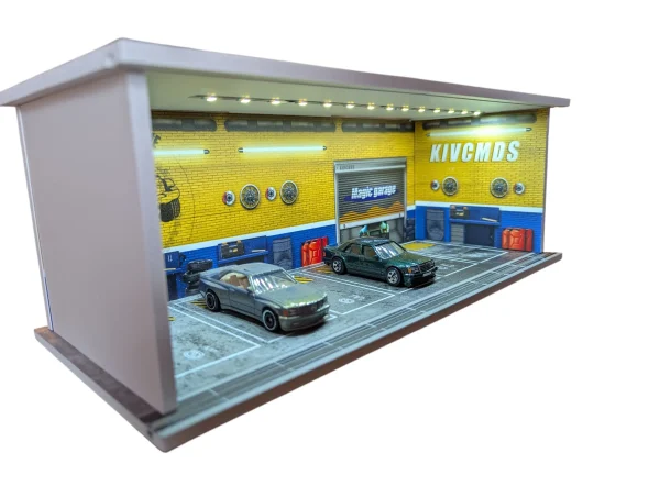 Garaż Scena LED 1:64 z Akrylową Szybą – Półka Ekspozycyjna Hot Wheels (żółto-niebieski)